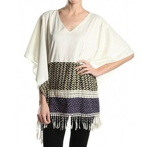 Ryu Boho Poncho Blouse Women S M White Navy Tassel Fringe Festival Beach
